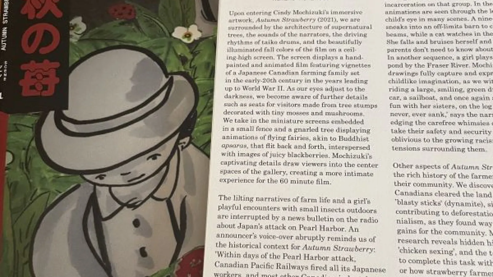 Front cover of "Autumn Strawberry" and clipping of Namiko Kunimoto's essay