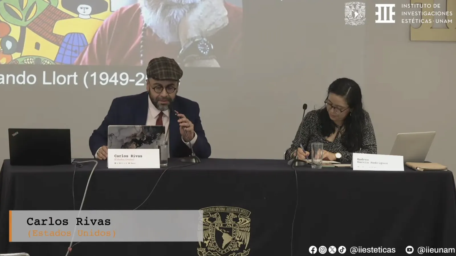 Dr. Rivas presenting a paper on the Salvadoran artist Fernando Llort at the Instituto de Investigationes Estéticas at the Universidad Nacional Autónoma de México in Mexico City, April 2026