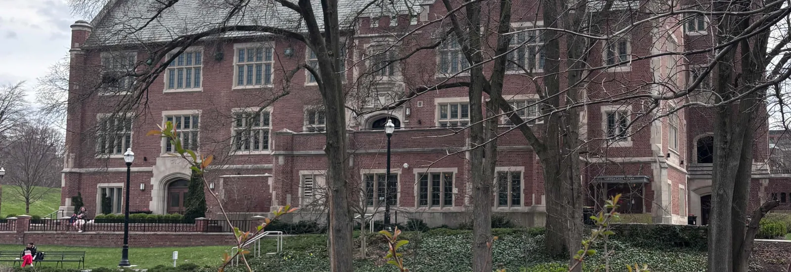 View of Pomerene Hall and Mirror lake on the Ohio State University main campus.